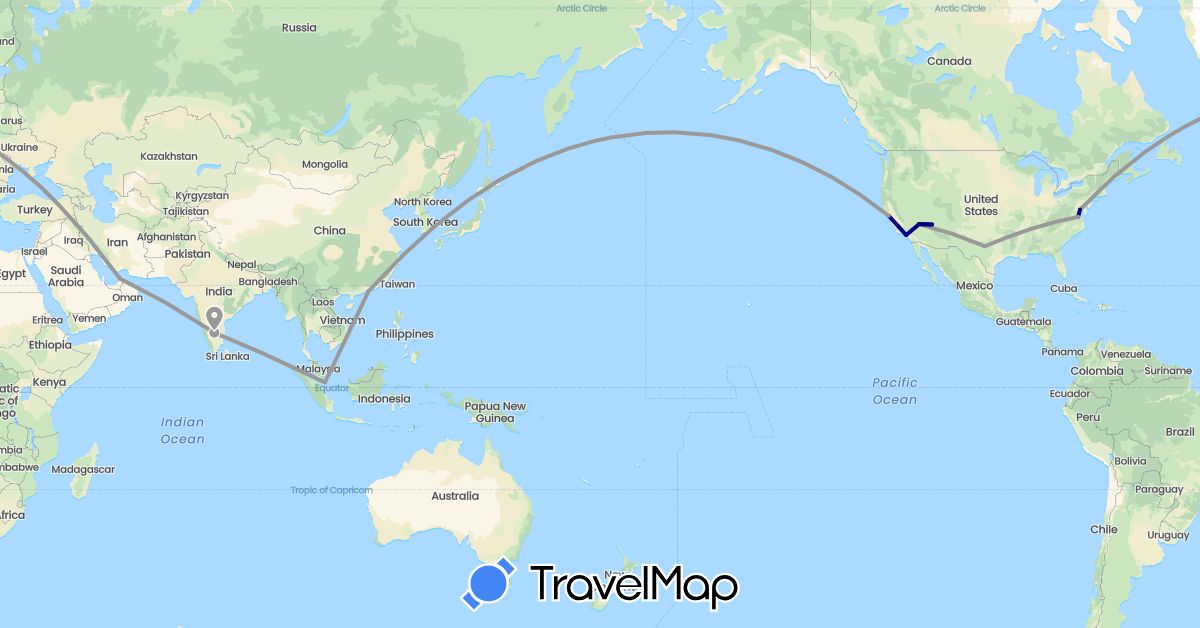 TravelMap itinerary: driving, plane, cycling, boat in United Arab Emirates, China, India, Singapore, United States (Asia, North America)